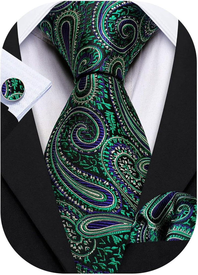Barry.Wang Store Men Ties Paisley Woven Silk Necktie Set with Pocket Suqare Cufflinks Formal - Image 1